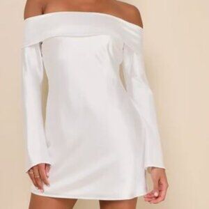 Luxurious Vision White Satin Off-the-Shoulder Mini Dress Bridal